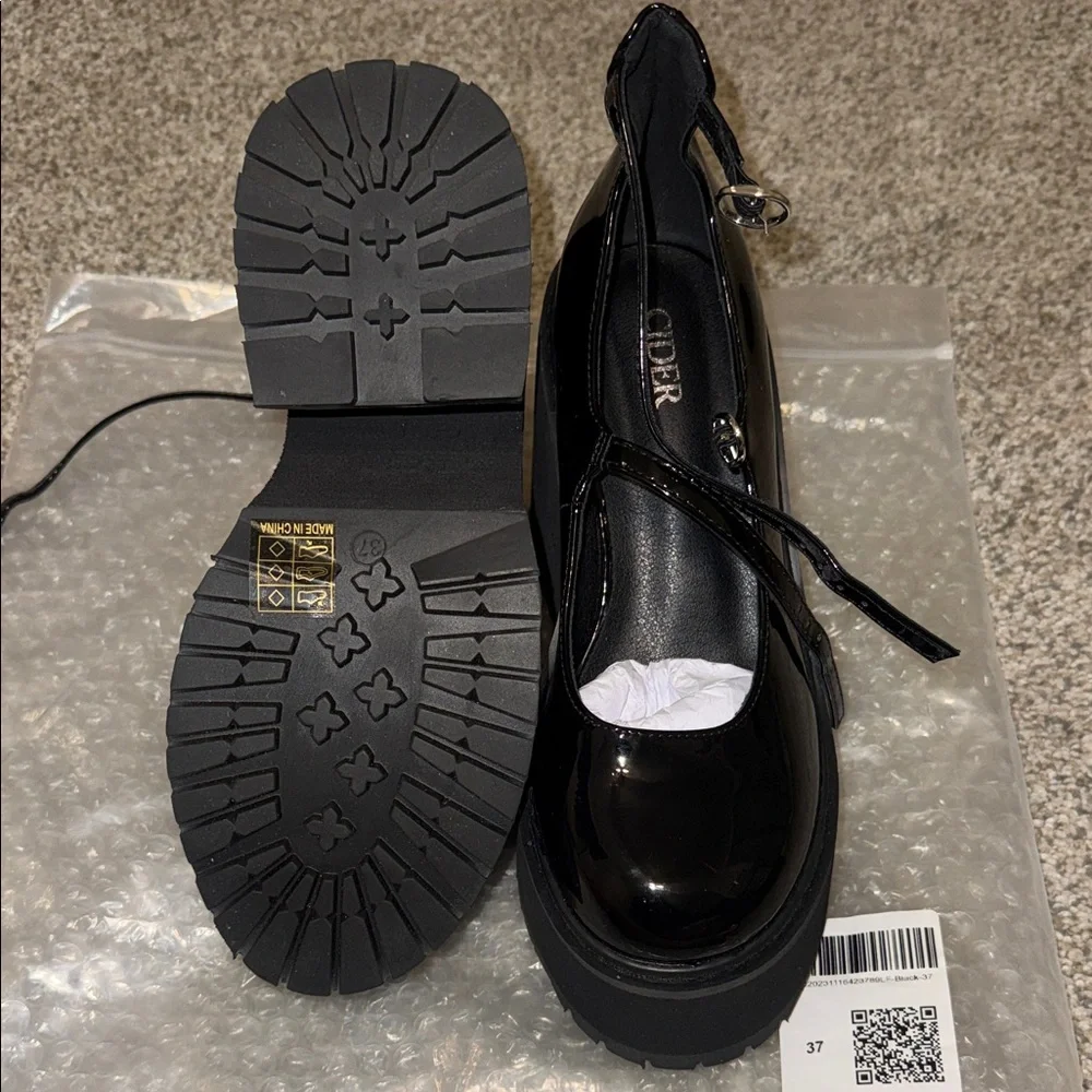 Cider Chunky Platform Mary Jane Heels Black Patent Goth Academia Shoes - Picture 5 of 8